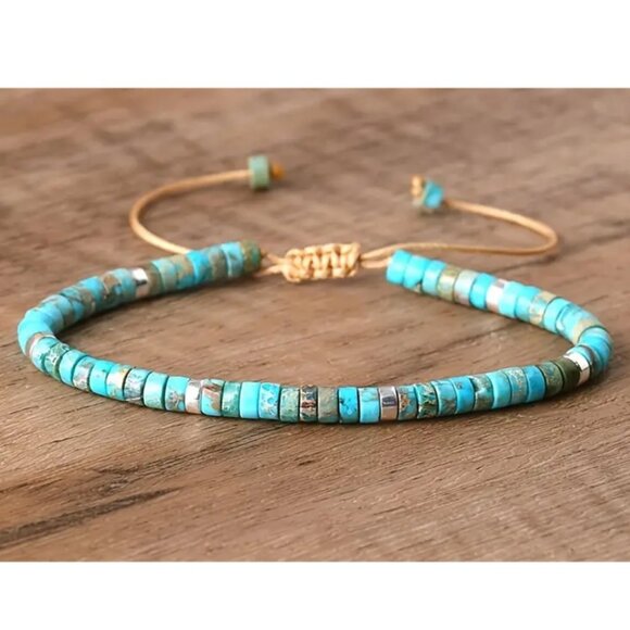 Natural Turquoise & Silver Beads Woven Bracelet Expands 6.7 inch to 11 inch - Picture 2 of 2